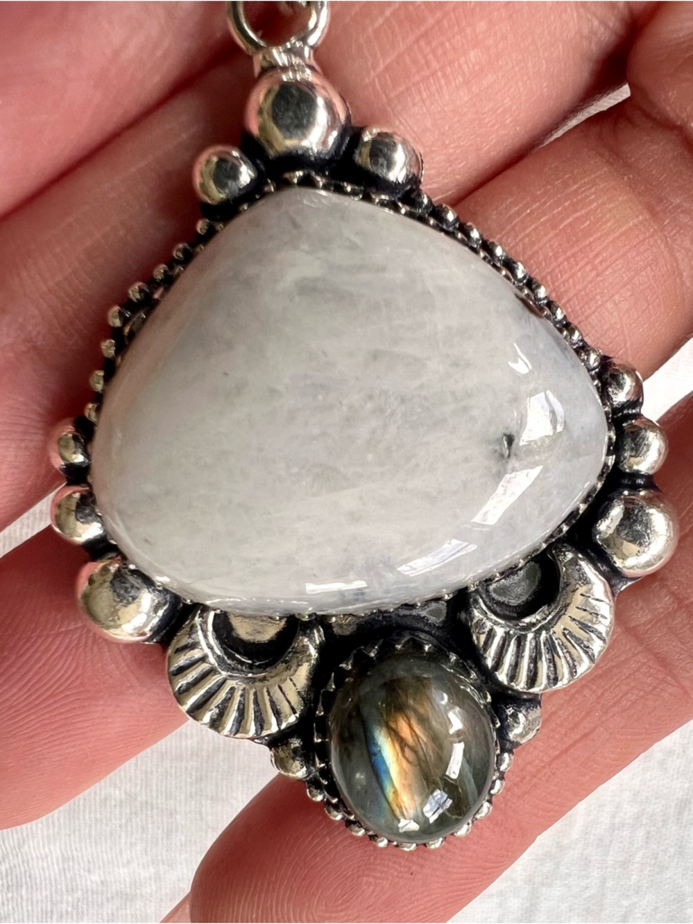 925 Luna Moon Rainbow Flash Moonstone + Labradorite Pendant Necklace